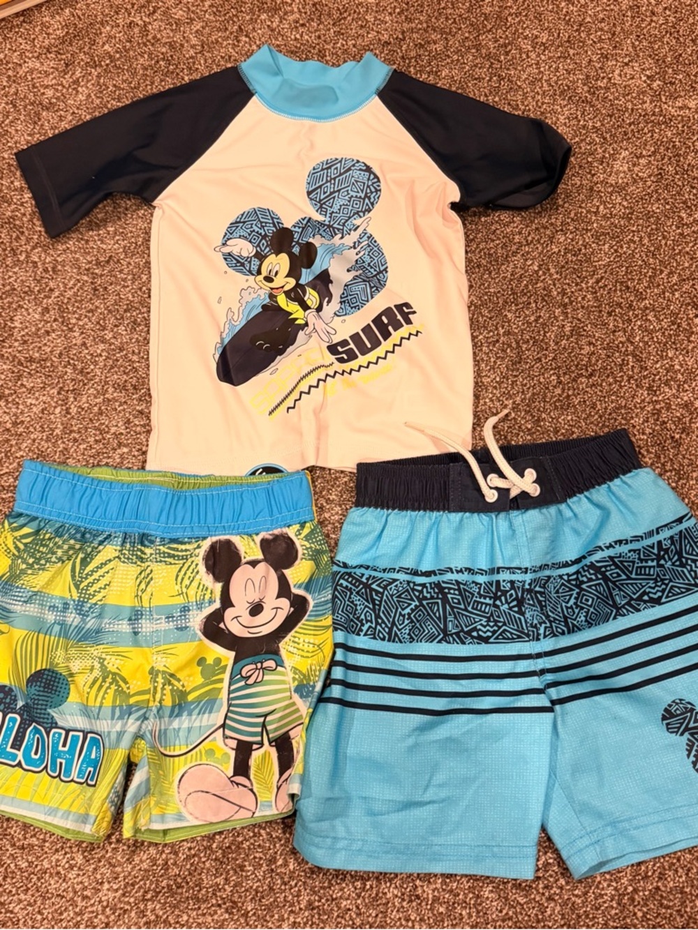 3 piece boys swim 2T Disney Mickey Surf Rash Guard and Two Swim Shorts Set